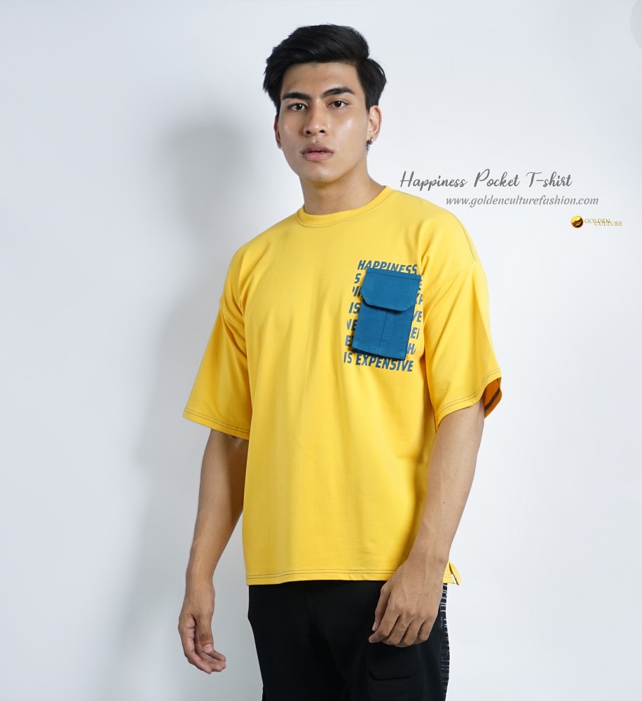 HAPPINESS IS EXPENSIVE Pockets Oversized T-Shirt (Yellow)